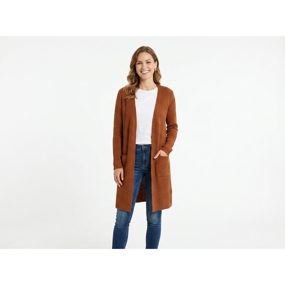 Red Brand Open Front Duster Cardigan Sweater Medium Rust Ribbed Knit Patch EUC
